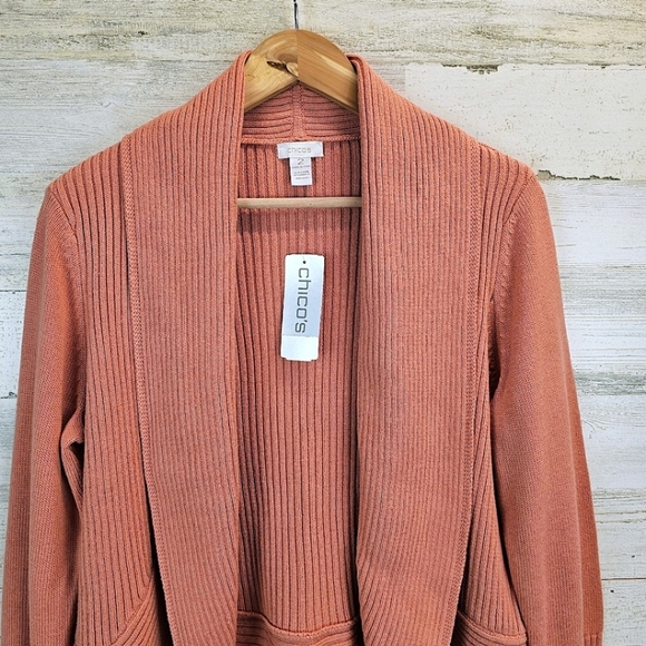 NWT Chico's Ribbed Cocoon Cardigan Agra Red Sz Large Coral Casual Cotton Preppy - Picture 6 of 16